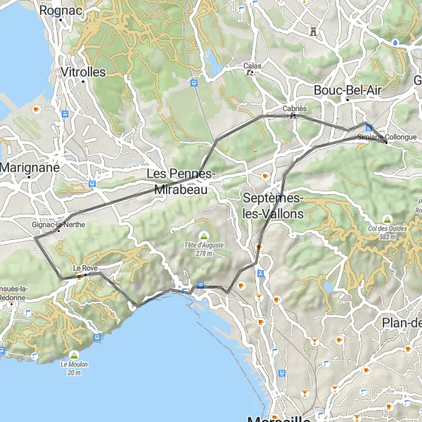 Mapa miniatúra "Road okruh cez Gignac-la-Nerthe a Cabriès" cyklistická inšpirácia v Provence-Alpes-Côte d’Azur, France. Vygenerované cyklistickým plánovačom trás Tarmacs.app