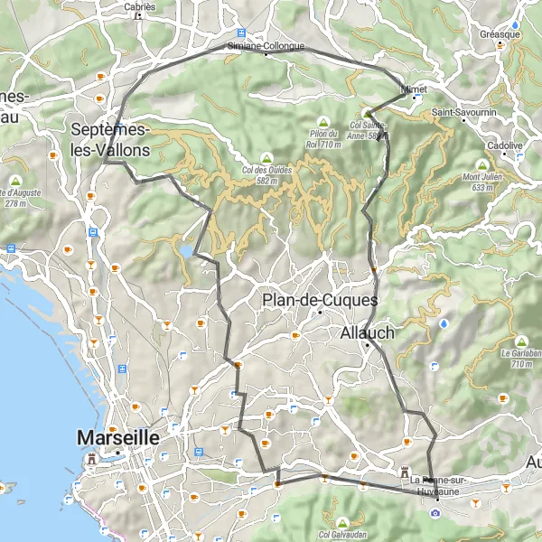 Mapa miniatúra "Road Cycling Expedition from Simiane-Collongue" cyklistická inšpirácia v Provence-Alpes-Côte d’Azur, France. Vygenerované cyklistickým plánovačom trás Tarmacs.app