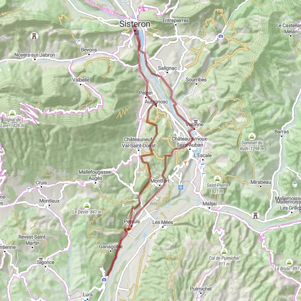 Map miniature of "Picturesque Gravel Route through Provence" cycling inspiration in Provence-Alpes-Côte d’Azur, France. Generated by Tarmacs.app cycling route planner