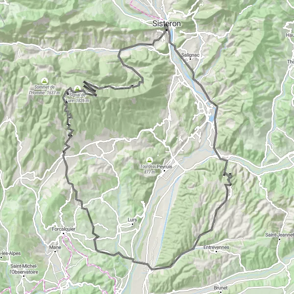 Mapa miniatúra "Road cycling route near Sisteron" cyklistická inšpirácia v Provence-Alpes-Côte d’Azur, France. Vygenerované cyklistickým plánovačom trás Tarmacs.app