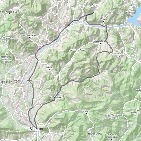 Map miniature of "The Vistas of Sisteron: A Circular Road Cycling Route" cycling inspiration in Provence-Alpes-Côte d’Azur, France. Generated by Tarmacs.app cycling route planner