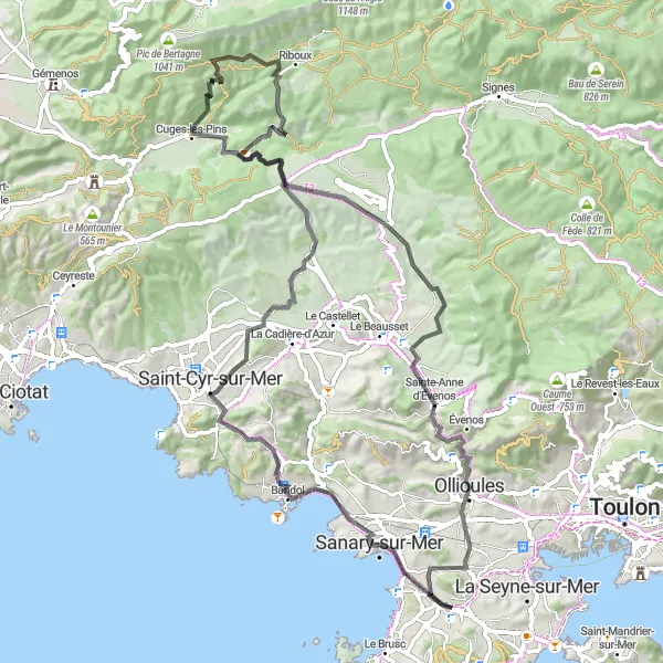 Miniatuurkaart van de fietsinspiratie "Rit van Six-Fours-les-Plages naar Cuges-les-Pins en Évenos" in Provence-Alpes-Côte d’Azur, France. Gemaakt door de Tarmacs.app fietsrouteplanner