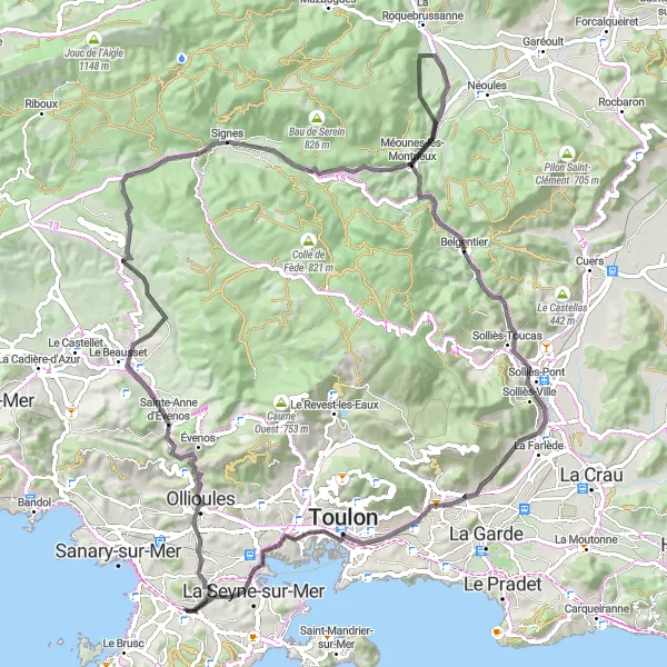 Karten-Miniaturansicht der Radinspiration "Panoramablick auf Méounes-lès-Montrieux" in Provence-Alpes-Côte d’Azur, France. Erstellt vom Tarmacs.app-Routenplaner für Radtouren