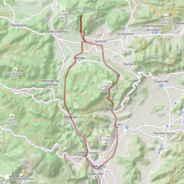 Kartminiatyr av "Grusväg genom Néoules och Cuers" cykelinspiration i Provence-Alpes-Côte d’Azur, France. Genererad av Tarmacs.app cykelruttplanerare