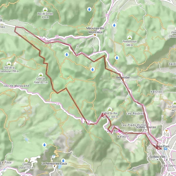 Map miniature of "Gravel Adventure near Solliès-Pont" cycling inspiration in Provence-Alpes-Côte d’Azur, France. Generated by Tarmacs.app cycling route planner