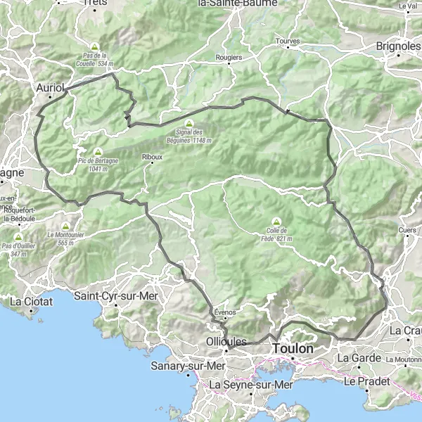 Kartminiatyr av "Mont Faron Circuit" sykkelinspirasjon i Provence-Alpes-Côte d’Azur, France. Generert av Tarmacs.app sykkelrutoplanlegger