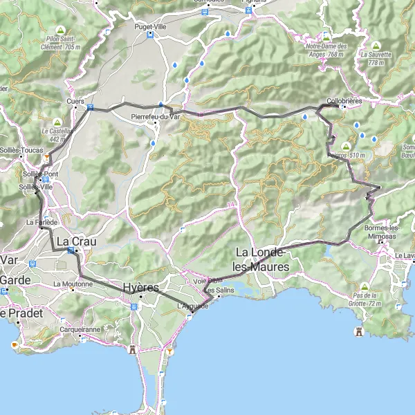 Zemljevid v pomanjšavi "Kolesarjenje po slikoviti pokrajini ob obali Cote d'Azur" kolesarske inspiracije v Provence-Alpes-Côte d’Azur, France. Generirano z načrtovalcem kolesarskih poti Tarmacs.app