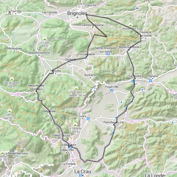 Miniatua del mapa de inspiración ciclista "Ruta de 86 km en carretera desde Solliès-Pont" en Provence-Alpes-Côte d’Azur, France. Generado por Tarmacs.app planificador de rutas ciclistas