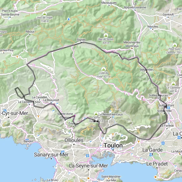 Miniatua del mapa de inspiración ciclista "Ruta de ciclismo por carretera desde Solliès-Pont" en Provence-Alpes-Côte d’Azur, France. Generado por Tarmacs.app planificador de rutas ciclistas