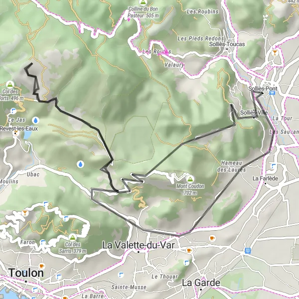 Mapa miniatúra "Cyklistická trasa La Valette-du-Var a Solliès-Ville" cyklistická inšpirácia v Provence-Alpes-Côte d’Azur, France. Vygenerované cyklistickým plánovačom trás Tarmacs.app