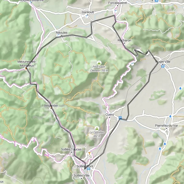 Miniatuurkaart van de fietsinspiratie "Pittoreske Road Cycling Route door Méounes-lès-Montrieux en Rocbaron" in Provence-Alpes-Côte d’Azur, France. Gemaakt door de Tarmacs.app fietsrouteplanner