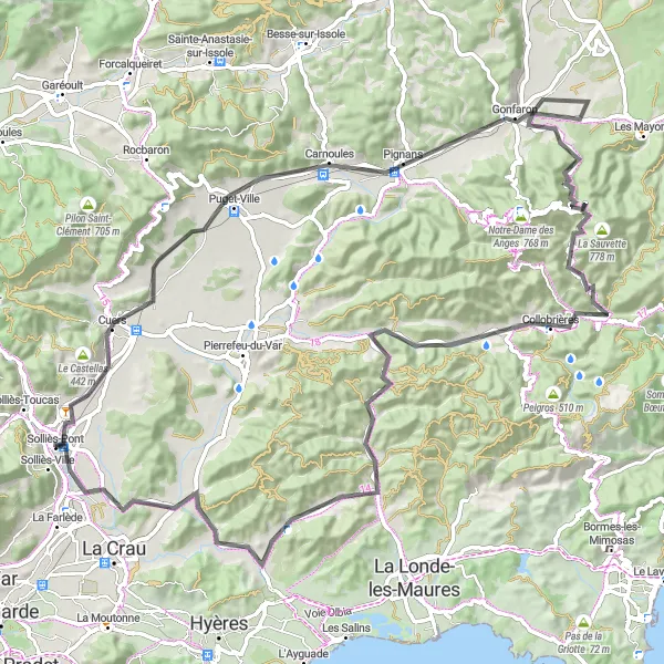 Miniaturní mapa "Cesta kolem Solliès-Pont" inspirace pro cyklisty v oblasti Provence-Alpes-Côte d’Azur, France. Vytvořeno pomocí plánovače tras Tarmacs.app