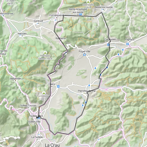 Miniaturní mapa "Cyklotrasa do Cuers a Perremenguier" inspirace pro cyklisty v oblasti Provence-Alpes-Côte d’Azur, France. Vytvořeno pomocí plánovače tras Tarmacs.app