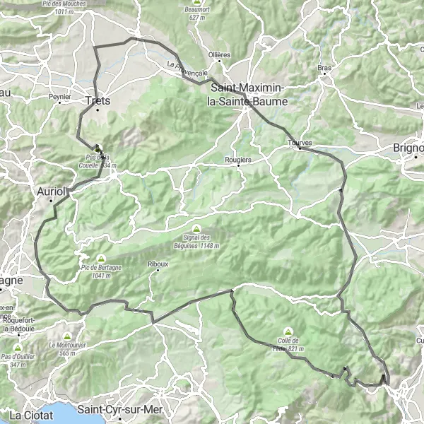 Miniaturní mapa "Náročná trasa kolem Solliès-Pont" inspirace pro cyklisty v oblasti Provence-Alpes-Côte d’Azur, France. Vytvořeno pomocí plánovače tras Tarmacs.app