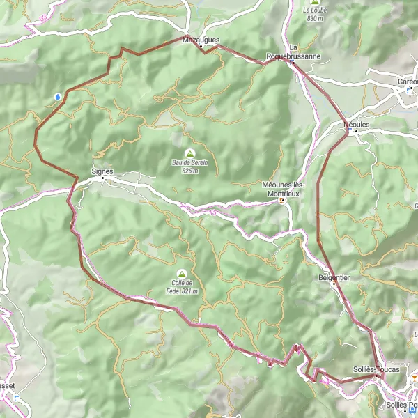Miniaturní mapa "Scenic Gravel Tour" inspirace pro cyklisty v oblasti Provence-Alpes-Côte d’Azur, France. Vytvořeno pomocí plánovače tras Tarmacs.app