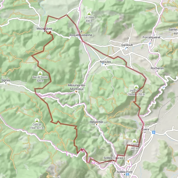 Miniatuurkaart van de fietsinspiratie "Avontuurlijke tocht van Solliès-Toucas naar Cuers via La Roquebrussanne" in Provence-Alpes-Côte d’Azur, France. Gemaakt door de Tarmacs.app fietsrouteplanner