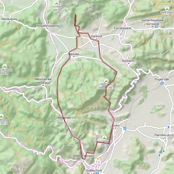 Mapa miniatúra "Gravelová cyklotrasa cez okolie Solliès-Toucas" cyklistická inšpirácia v Provence-Alpes-Côte d’Azur, France. Vygenerované cyklistickým plánovačom trás Tarmacs.app