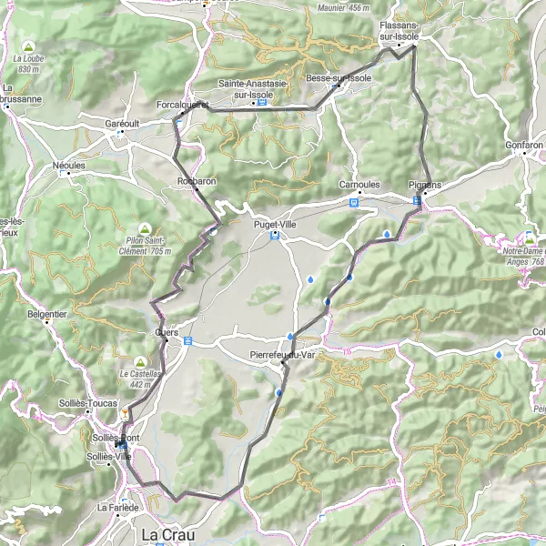 Miniatua del mapa de inspiración ciclista "Ruta de 74 km en carretera desde Solliès-Toucas" en Provence-Alpes-Côte d’Azur, France. Generado por Tarmacs.app planificador de rutas ciclistas