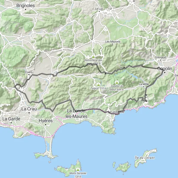 Miniatua del mapa de inspiración ciclista "Viaje de 124 km en carretera desde Solliès-Toucas" en Provence-Alpes-Côte d’Azur, France. Generado por Tarmacs.app planificador de rutas ciclistas