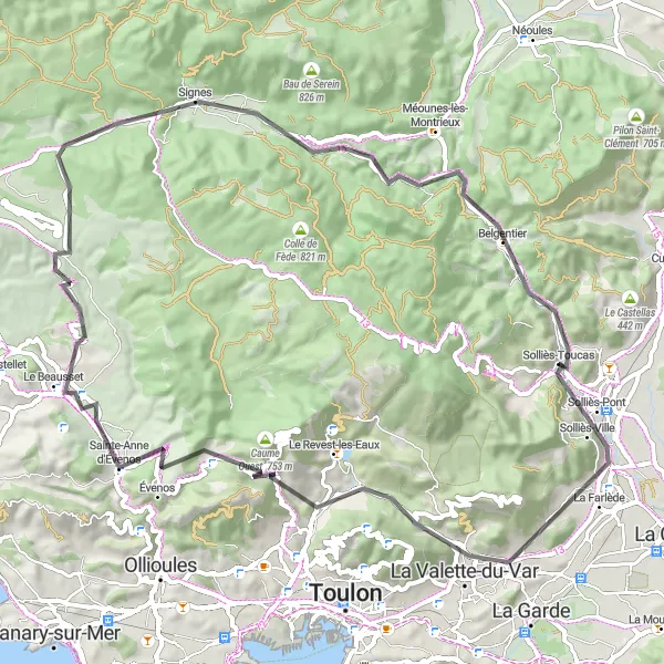 Karttaminiaatyyri "Nauti maantiepyöräilystä Solliès-Toucasista Belgentieriin" pyöräilyinspiraatiosta alueella Provence-Alpes-Côte d’Azur, France. Luotu Tarmacs.app pyöräilyreittisuunnittelijalla