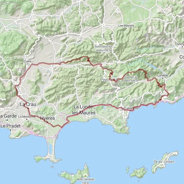 Miniature de la carte de l'inspiration cycliste "L'Exploration des Massifs Varois" dans la Provence-Alpes-Côte d’Azur, France. Générée par le planificateur d'itinéraire cycliste Tarmacs.app