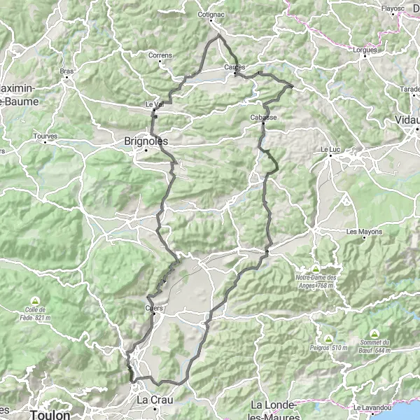 Mapa miniatúra "Náročná cesta s výhledem kolem Solliès-Ville" cyklistická inšpirácia v Provence-Alpes-Côte d’Azur, France. Vygenerované cyklistickým plánovačom trás Tarmacs.app