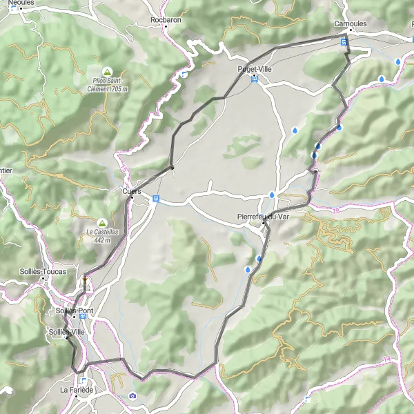 Miniatuurkaart van de fietsinspiratie "Rondrit door Cuers en Carnoules" in Provence-Alpes-Côte d’Azur, France. Gemaakt door de Tarmacs.app fietsrouteplanner