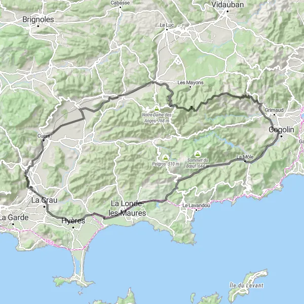 Miniaturekort af cykelinspirationen "120 km Road Cycling Route near Solliès-Ville" i Provence-Alpes-Côte d’Azur, France. Genereret af Tarmacs.app cykelruteplanlægger
