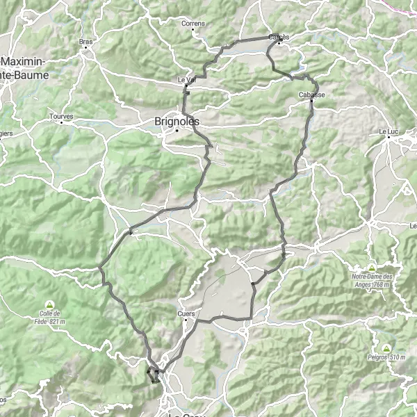 Miniaturekort af cykelinspirationen "109 km Road Cykelrute nær Solliès-Ville" i Provence-Alpes-Côte d’Azur, France. Genereret af Tarmacs.app cykelruteplanlægger