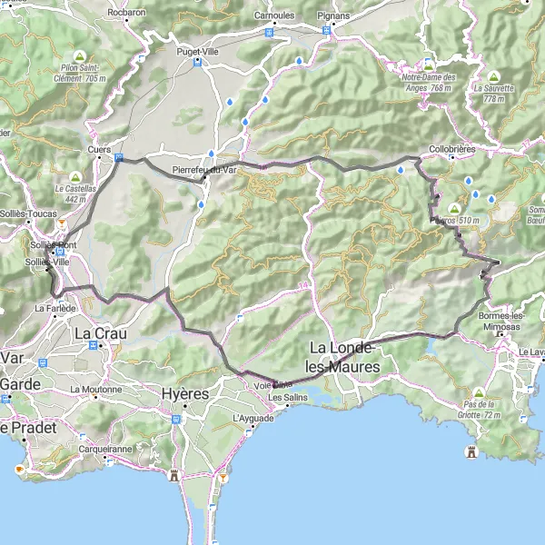 Karttaminiaatyyri "Solliès-Ville - Mont-Redon - Solliès-Ville" pyöräilyinspiraatiosta alueella Provence-Alpes-Côte d’Azur, France. Luotu Tarmacs.app pyöräilyreittisuunnittelijalla