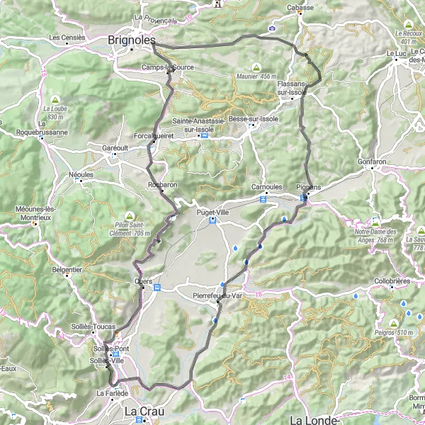 Zemljevid v pomanjšavi "Kolesarska avantura Solliès-Ville - Mont-Redon - Solliès-Ville" kolesarske inspiracije v Provence-Alpes-Côte d’Azur, France. Generirano z načrtovalcem kolesarskih poti Tarmacs.app