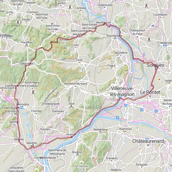 Mapa miniatúra "Gravel kruhová cyklistická trasa Valliguières" cyklistická inšpirácia v Provence-Alpes-Côte d’Azur, France. Vygenerované cyklistickým plánovačom trás Tarmacs.app