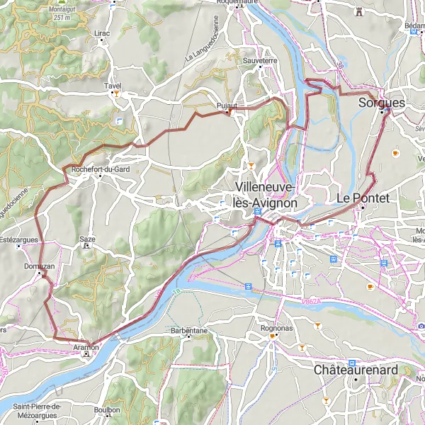 Zemljevid v pomanjšavi "Rdeči zakladi ob reki Rhône" kolesarske inspiracije v Provence-Alpes-Côte d’Azur, France. Generirano z načrtovalcem kolesarskih poti Tarmacs.app