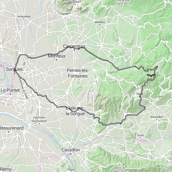 Miniatura mapy "Trasa Sorgues - Gordes - Sorgues" - trasy rowerowej w Provence-Alpes-Côte d’Azur, France. Wygenerowane przez planer tras rowerowych Tarmacs.app