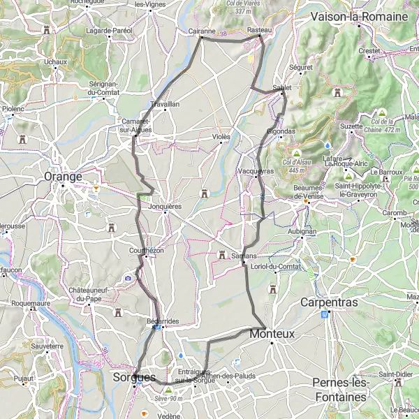 Miniaturní mapa "Cyklotrasa s výhledy kolem Sorgues" inspirace pro cyklisty v oblasti Provence-Alpes-Côte d’Azur, France. Vytvořeno pomocí plánovače tras Tarmacs.app