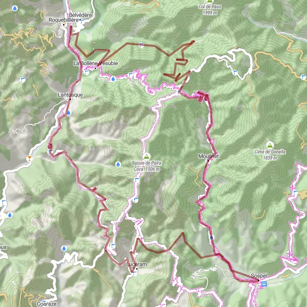 Kartminiatyr av "Coaraze til Cime de Penas Utforsking" sykkelinspirasjon i Provence-Alpes-Côte d’Azur, France. Generert av Tarmacs.app sykkelrutoplanlegger