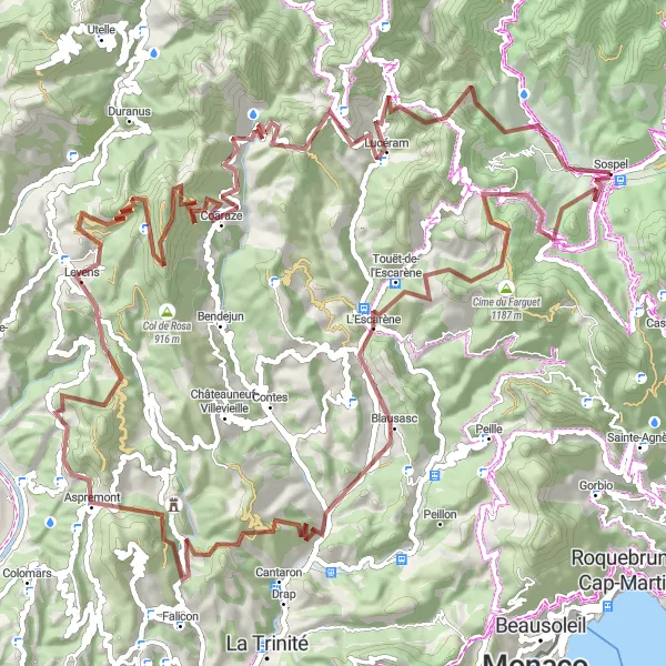 Kartminiatyr av "Äventyrlig rundtur genom berg och dalar på grusväg" cykelinspiration i Provence-Alpes-Côte d’Azur, France. Genererad av Tarmacs.app cykelruttplanerare