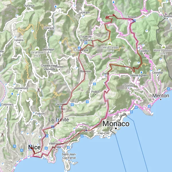 Zemljevid v pomanjšavi "Gravel kolesarska avantura do Col de Braus" kolesarske inspiracije v Provence-Alpes-Côte d’Azur, France. Generirano z načrtovalcem kolesarskih poti Tarmacs.app