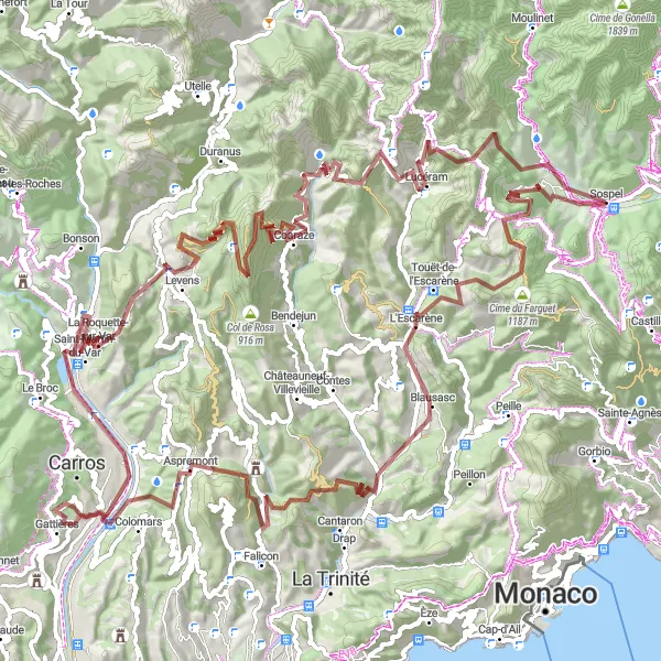 Miniaturní mapa "Horská gravelová trasa kolem Sospelu" inspirace pro cyklisty v oblasti Provence-Alpes-Côte d’Azur, France. Vytvořeno pomocí plánovače tras Tarmacs.app