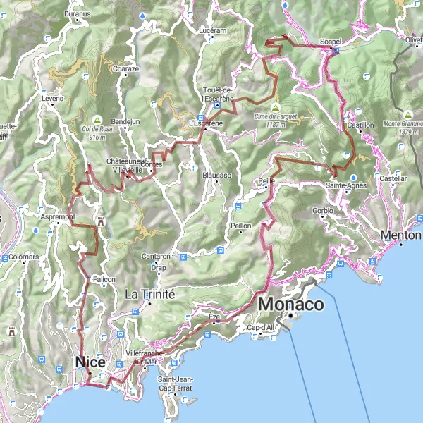 Kartminiatyr av "Grusvei-eventyr fra Sospel" sykkelinspirasjon i Provence-Alpes-Côte d’Azur, France. Generert av Tarmacs.app sykkelrutoplanlegger