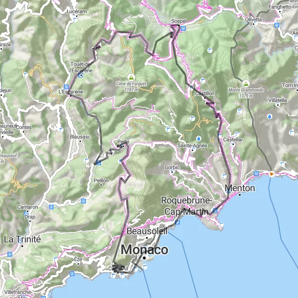 Zemljevid v pomanjšavi "Sospel do Monaca Road Cycling Route" kolesarske inspiracije v Provence-Alpes-Côte d’Azur, France. Generirano z načrtovalcem kolesarskih poti Tarmacs.app