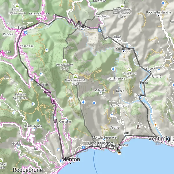 Kartminiatyr av "Kustnära äventyr på landsvägen" cykelinspiration i Provence-Alpes-Côte d’Azur, France. Genererad av Tarmacs.app cykelruttplanerare