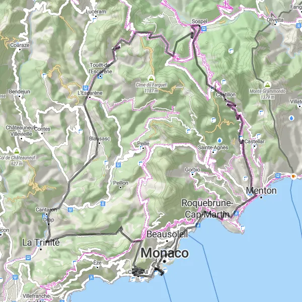 Zemljevid v pomanjšavi "Kolesarska pot do Monte-Carla in nazaj" kolesarske inspiracije v Provence-Alpes-Côte d’Azur, France. Generirano z načrtovalcem kolesarskih poti Tarmacs.app