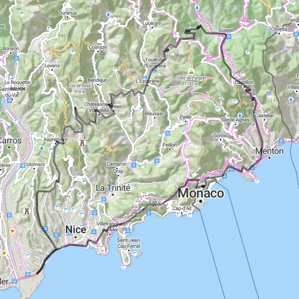 Kartminiatyr av "Sospel til Nice Road Loop" sykkelinspirasjon i Provence-Alpes-Côte d’Azur, France. Generert av Tarmacs.app sykkelrutoplanlegger