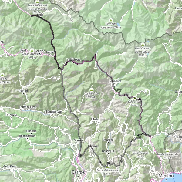 Mapa miniatúra "Veľkolepá cesta cez horské vrcholy" cyklistická inšpirácia v Provence-Alpes-Côte d’Azur, France. Vygenerované cyklistickým plánovačom trás Tarmacs.app