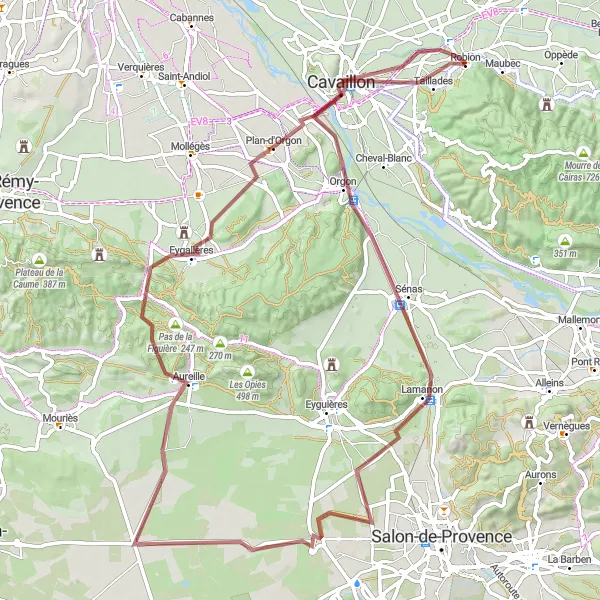 Miniaturní mapa "Okružní cyklistická trasa z Taillades (Provence-Alpes-Côte d'Azur, Francie) na štěrkové cesty" inspirace pro cyklisty v oblasti Provence-Alpes-Côte d’Azur, France. Vytvořeno pomocí plánovače tras Tarmacs.app