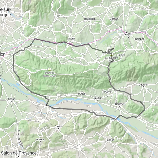 Miniaturní mapa "Okružní cyklistická trasa z Taillades (Provence-Alpes-Côte d'Azur, Francie) na silnici" inspirace pro cyklisty v oblasti Provence-Alpes-Côte d’Azur, France. Vytvořeno pomocí plánovače tras Tarmacs.app