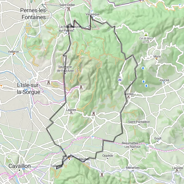 Kartminiatyr av "Taillades til Gordes Road Loop" sykkelinspirasjon i Provence-Alpes-Côte d’Azur, France. Generert av Tarmacs.app sykkelrutoplanlegger