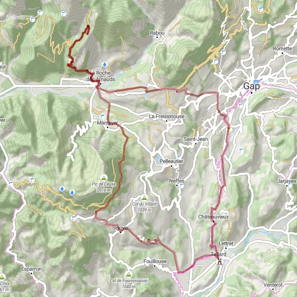 Zemljevid v pomanjšavi "Adventure Ride Tallard" kolesarske inspiracije v Provence-Alpes-Côte d’Azur, France. Generirano z načrtovalcem kolesarskih poti Tarmacs.app