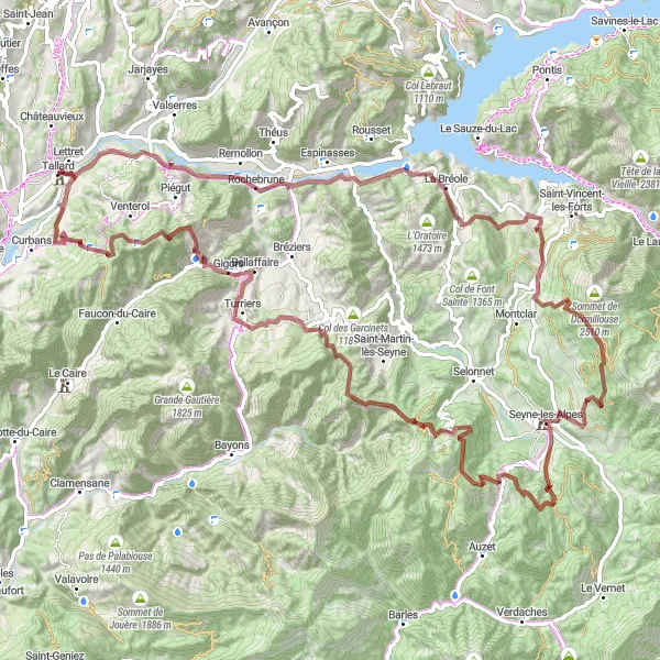 Kartminiatyr av "Eventyrlystne sykkeltur gjennom fjellene" sykkelinspirasjon i Provence-Alpes-Côte d’Azur, France. Generert av Tarmacs.app sykkelrutoplanlegger